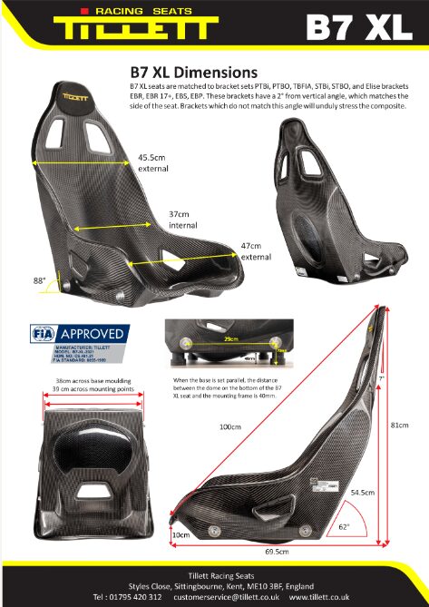 Tillett B7 XL カーボン FIA レーシングシート（FIA 8855-1999・3.8kg）